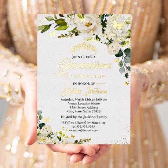 Floral Champagne Gold Watercolor Quinceanera  Foil