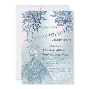 Floral chic blue dress glittery ombre