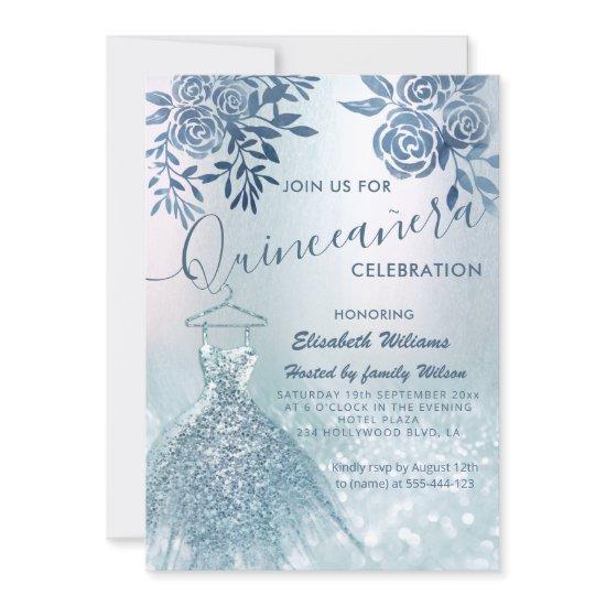 Floral chic blue dress glittery ombre