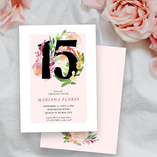 Floral Chic Number 15 Pink and Gold Quinceanera