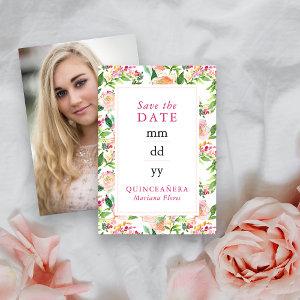 Floral Chic Pink Gold Editable Quinceanera Photo Save The Date