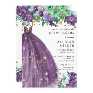 Floral Chic Purple Gold Glitter Dress QUINCEAÑERA