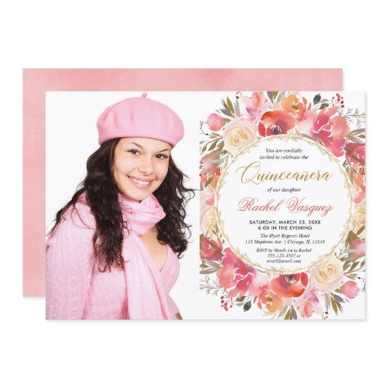 Floral coral pink gold garden Quinceanera photo
