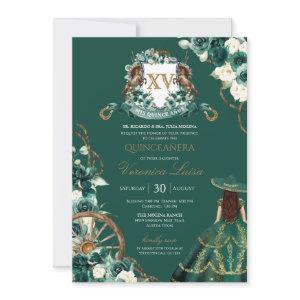 Floral Crest Emerald Green Charro Quinceanera Gown