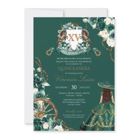 Floral Crest Emerald Green Charro Quinceanera Gown