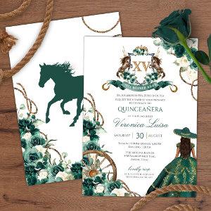 Floral Crest Emerald Green Charro Quinceanera Invi