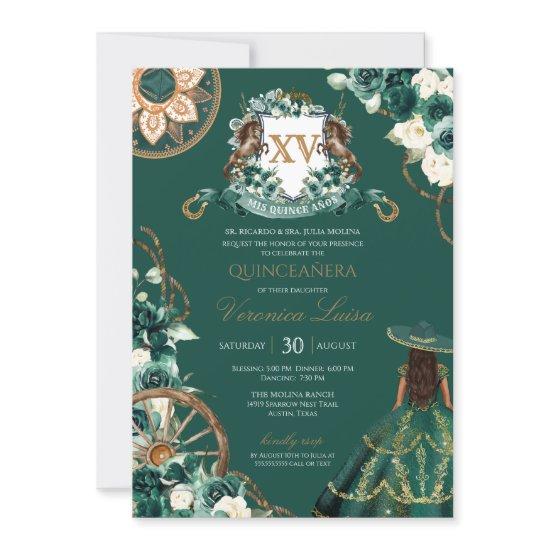 Floral Crest Emerald Green Charro Quinceañera