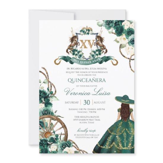 Floral Crest Emerald Green Charro Quinceanera