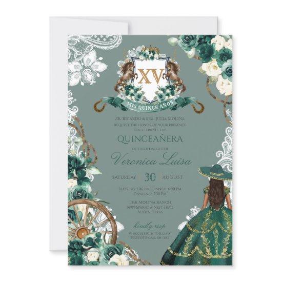 Floral Crest Emerald Green Charro Quinceanera