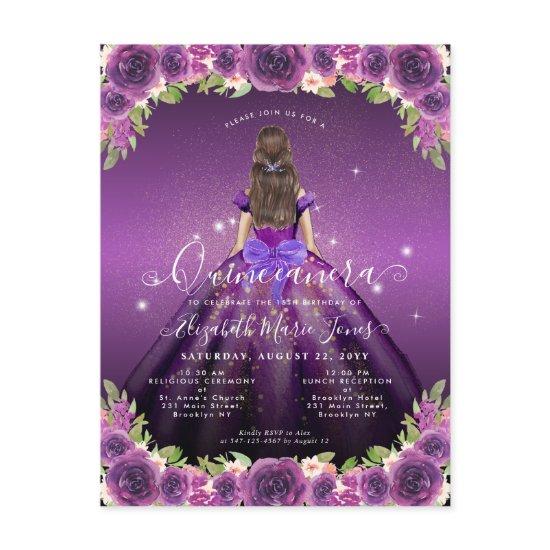 Floral Dark Purple Gold Glam Princess Quinceanera Postcard