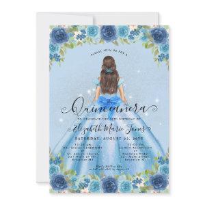 Floral Dusty Blue Silver Glam Princess Quinceanera