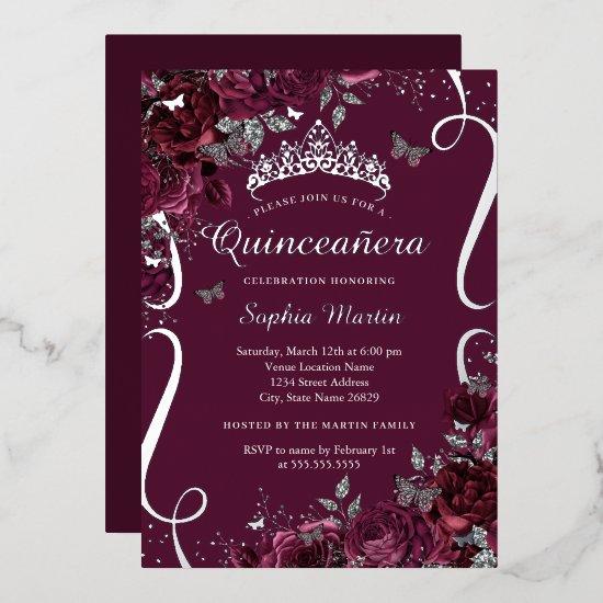 Floral Elegant Scroll Burgundy Quinceanera Foil
