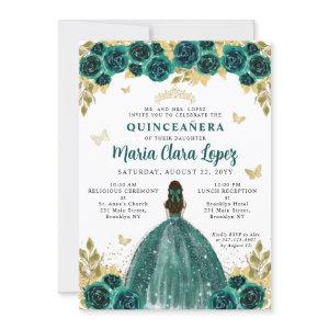 Floral Emerald Gold Butterfly Princess Quinceanera