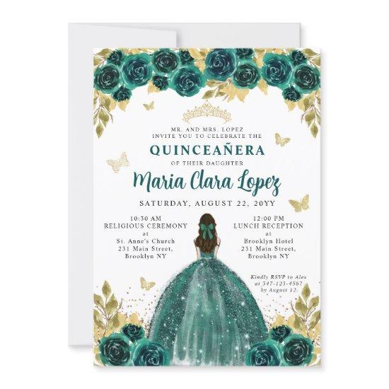 Floral Emerald Gold Butterfly Princess Quinceanera
