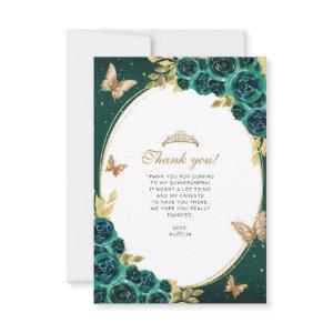 Floral Emerald Gold Butterfly Quinceañera Photo Note Card
