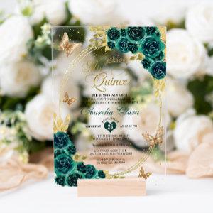 Floral Emerald Gold Tiara Butterfly Quinceañera Acrylic