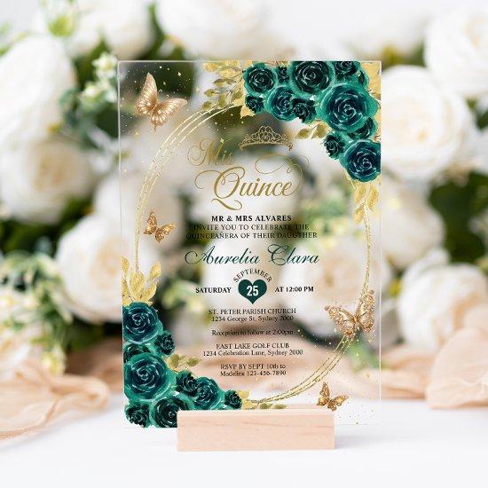 Floral Emerald Gold Tiara Butterfly Quinceañera Acrylic