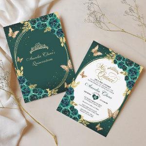 Floral Emerald Gold Tiara Butterfly Quinceañera