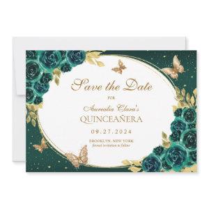 Floral Emerald Gold Tiara Butterfly Quinceañera Save The Date