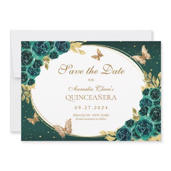 Floral Emerald Gold Tiara Butterfly Quinceañera Save The Date