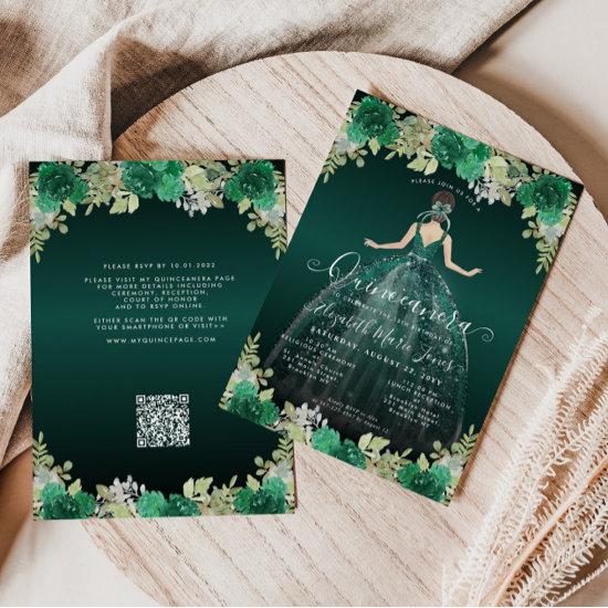 Floral Emerald Green Dress Birthday QR Quinceanera