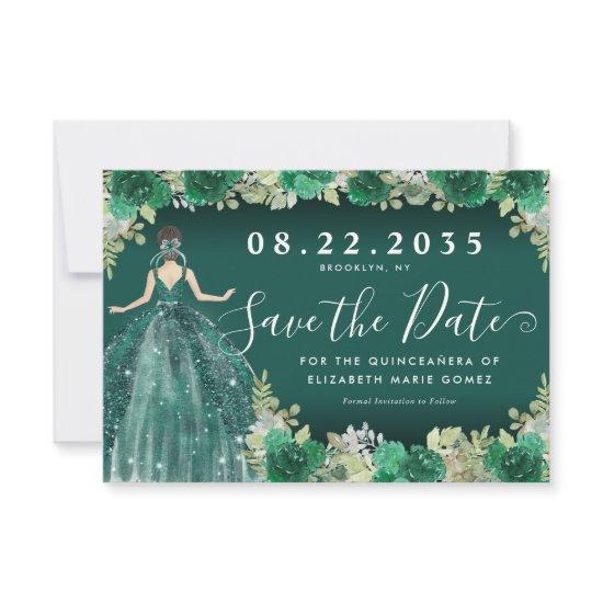 Floral Emerald Green Dress Birthday Quinceanera Save The Date