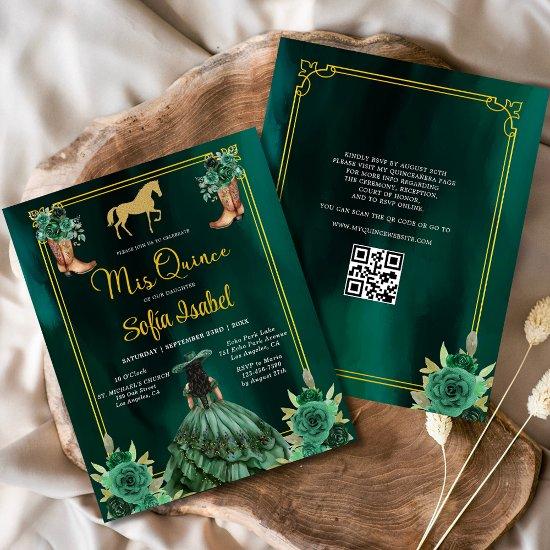 Floral Emerald Green Gold Boots Horse Quinceanera
