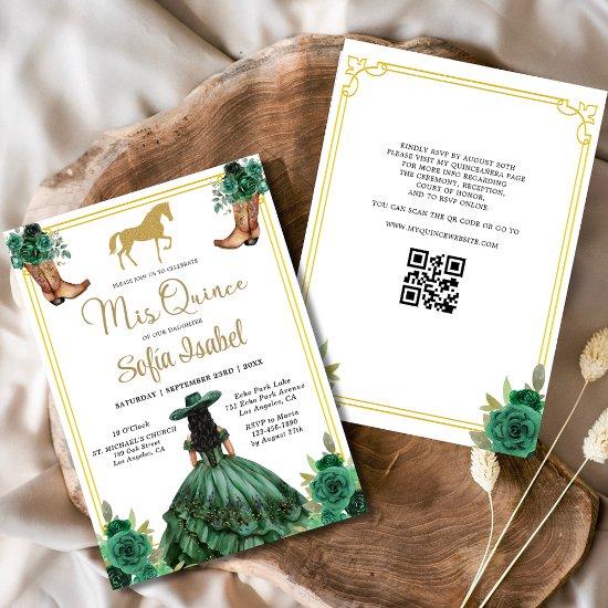 Floral Emerald Green Gold Boots Horse Quinceanera