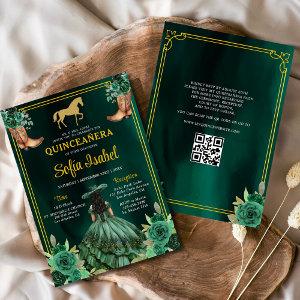 Floral Emerald Green Gold Boots Horse Quinceanera