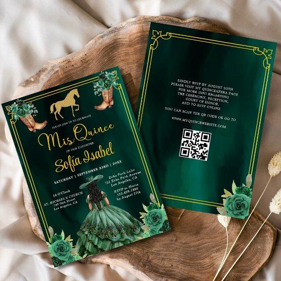Floral Emerald Green Gold Boots Horse Quinceanera