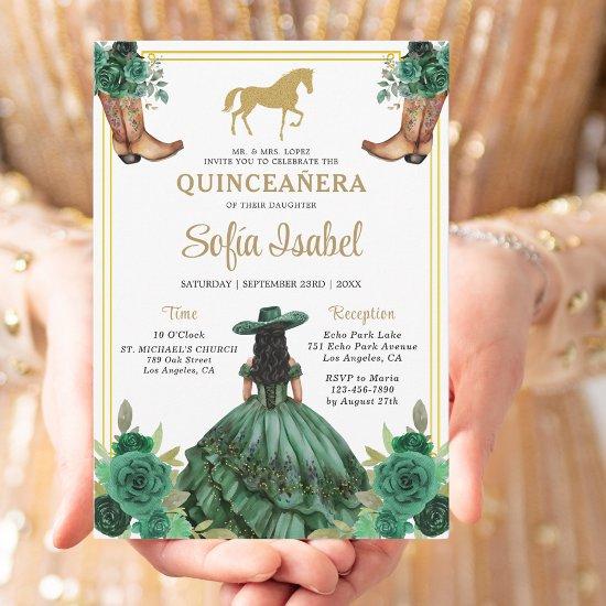 Floral Emerald Green Gold Boots Horse Quinceanera