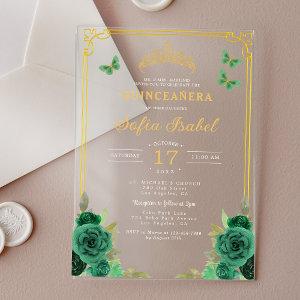 Floral Emerald Green Gold Butterfly Quinceanera Acrylic