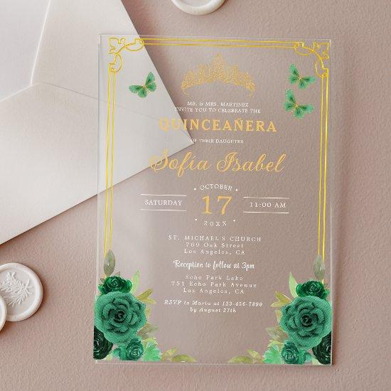 Floral Emerald Green Gold Butterfly Quinceanera Acrylic