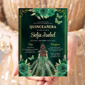 Floral Emerald Green Gold Butterfly Quinceanera Foil