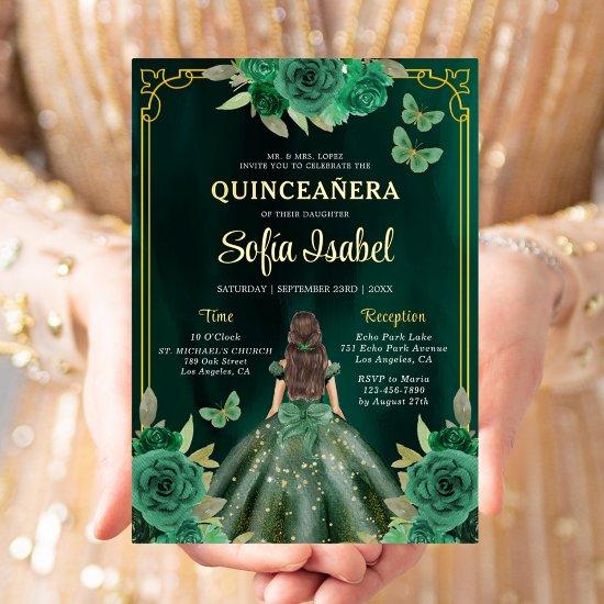 Floral Emerald Green Gold Butterfly Quinceanera Foil