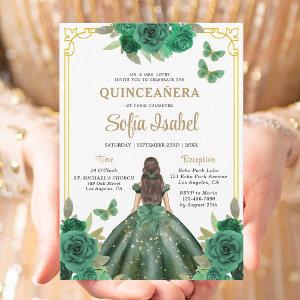 Floral Emerald Green Gold Butterfly Quinceanera