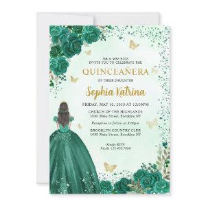 Floral Emerald Green Gold Princess Quinceanera