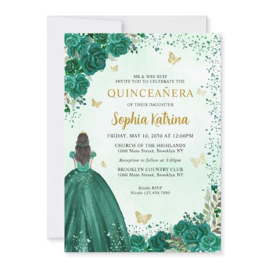 Floral Emerald Green Gold Princess Quinceanera