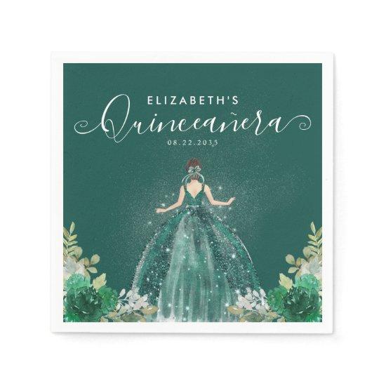 Floral Emerald Green Princess Dress Quinceanera Napkins