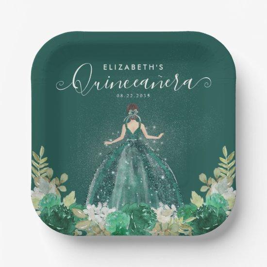 Floral Emerald Green Princess Dress Quinceanera Paper Plates