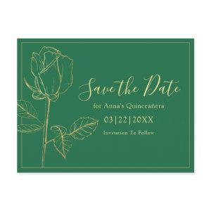 Floral Emerald Green Quinceanera Save The Date Postcard