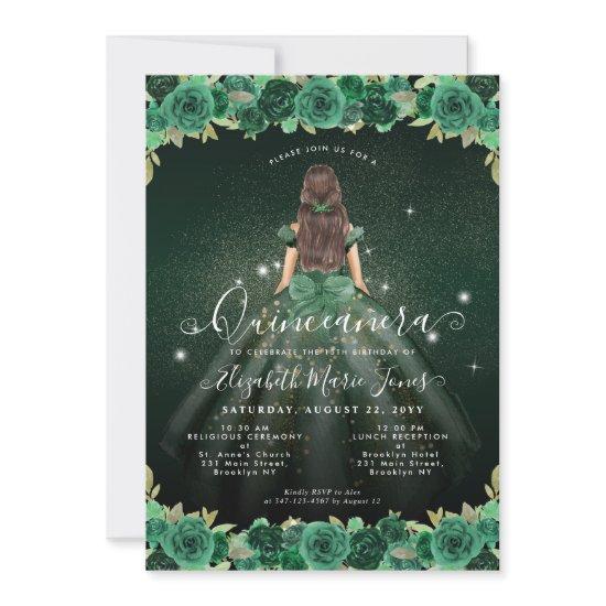 Floral Emerald Green Sparkle Birthday Quinceanera