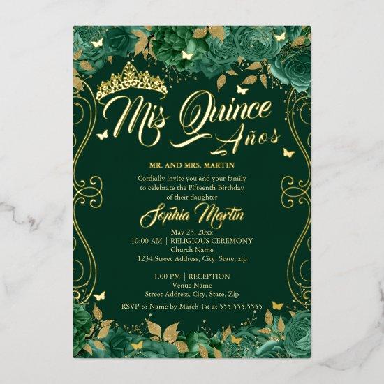 Floral Emerald Scroll Mis Quince Quinceanera  Foil