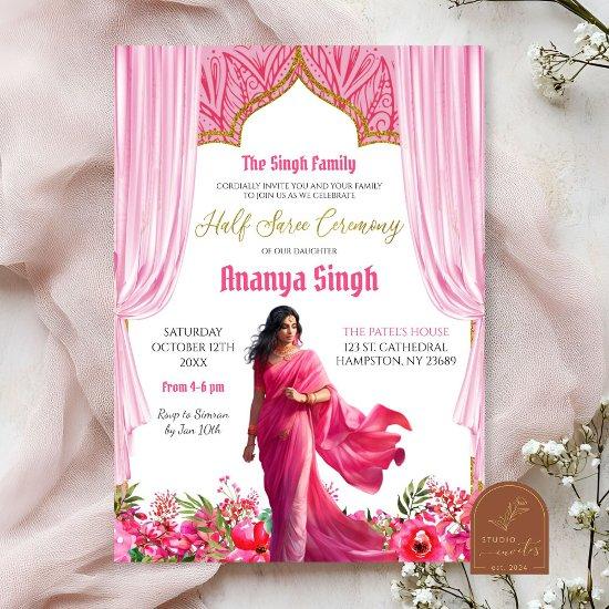 Floral Fuschia Red Half Saree Indian Girl Ceremony