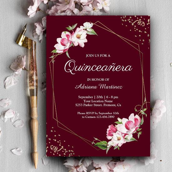 Floral Geometric Frame Burgundy Quinceanera
