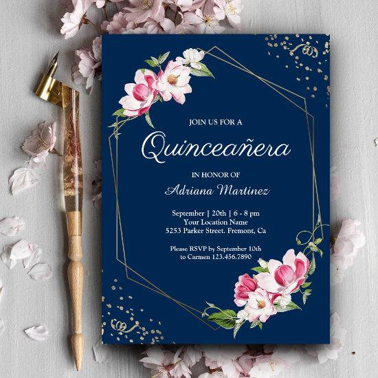 Floral Geometric Frame Navy Blue Quinceanera
