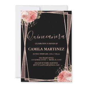 Floral Girly Rose Gold Black Quinceanera Party