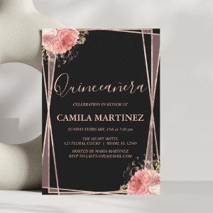 Floral Girly Rose Gold Black Quinceanera Party