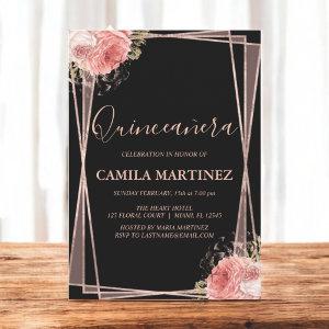 Floral Girly Rose Gold Black Quinceanera Party