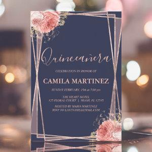 Floral Girly Rose Gold Blue Quinceanera Party